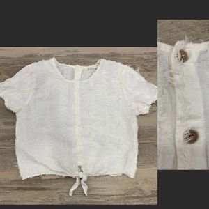 Lady Bye Fringe Front Tie Button Back Boho Cropped Linen Blend Top Blouse